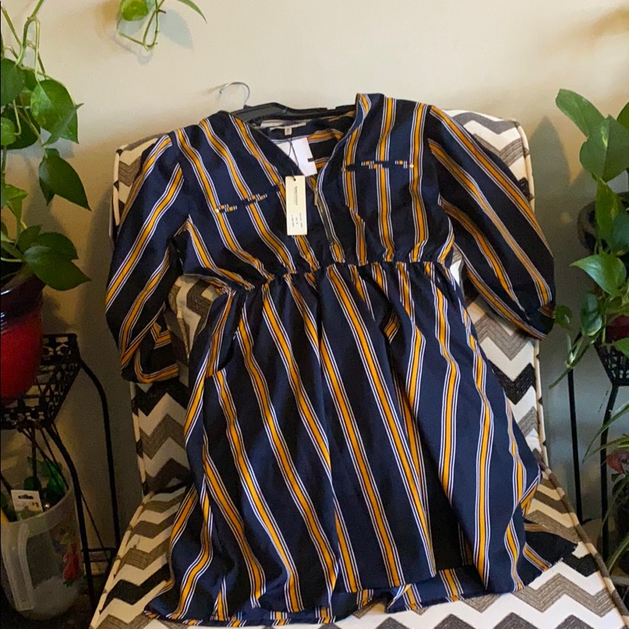 Navy W/ Gold And Wht Striped Dress